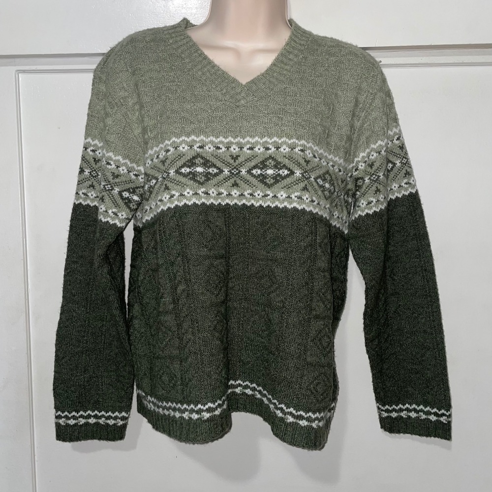 Vintage Basic Editions Green Fair Isle V-Neck Knit Sweater Women's Medium USA